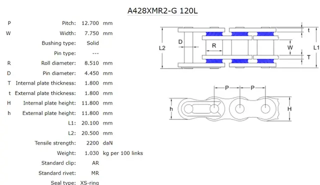 AFAM Kjede, 428XMR2-G - Gull, Xs Forsterket Xs-ring Kjede i Gullfarge 