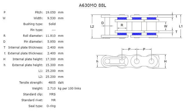 AFAM Kjede 630MO, O-Ring, 88L Solid kjede for Gatesykler 800-1100cc 