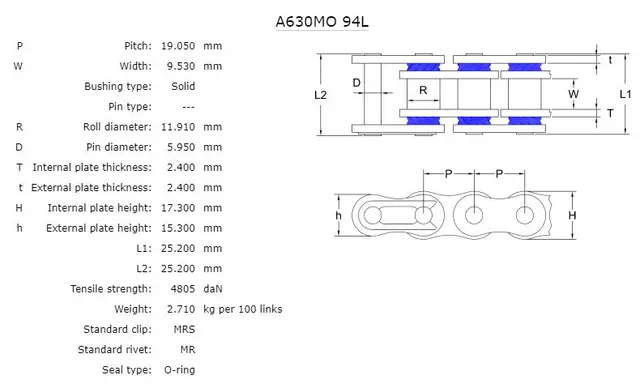 AFAM Kjede 630MO, O-Ring, 94L Solid kjede for Gatesykler 800-1100cc 