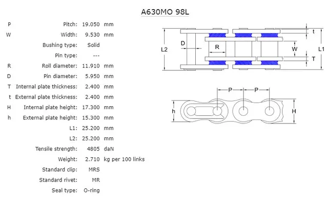 AFAM Kjede 630MO, O-Ring, 98L Solid kjede for Gatesykler 800-1100cc 