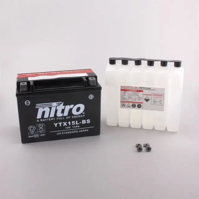 Nitro YTX15L-BS Batteri Vedlikeholdsfr. 12V, 13Ah, 173x86x130, Syreflaske AGM 